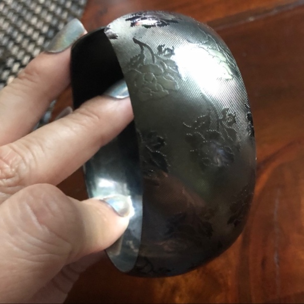 Vintage Etched Rose Floral Wide Metal Cuff Bracelet - Picture 14 of 14